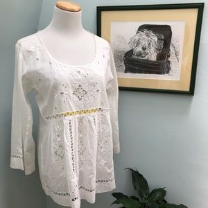 Lucky Brand White Cotton Top w Openwork Embroidery